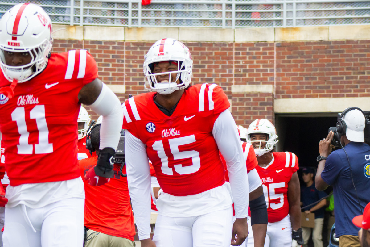 Ole Miss Rebels defensive lineman Jared Ivey runs onto the field ahead of kickoff versus the Mercer Bears in Week 1 (2023).